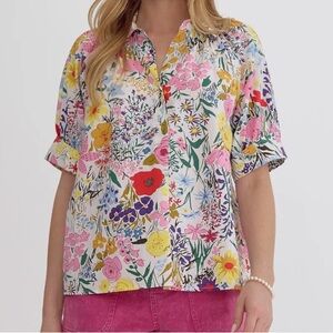 Avara Floral Blouse Puff Sleeve Split Neck Cotton Red Pink Blue Women S